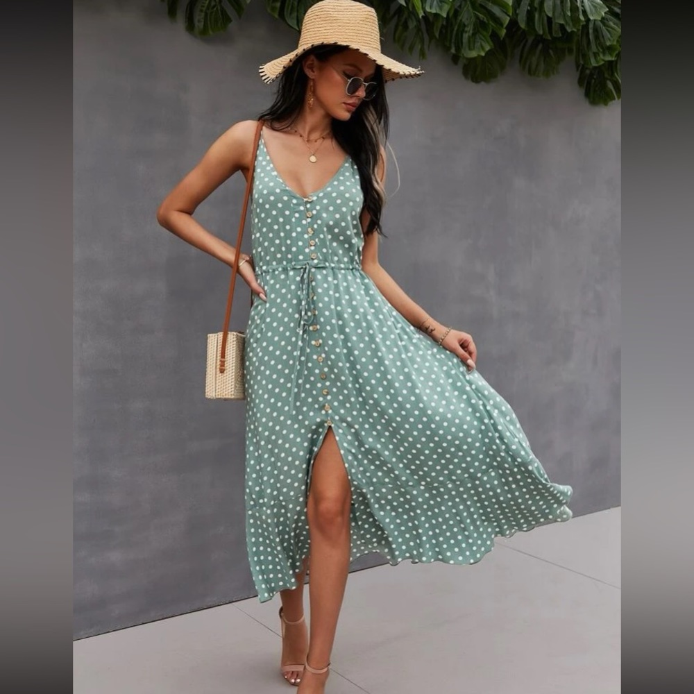 Boho polka dots print button detail drawstring waist cami dress - Picture 7 of 16